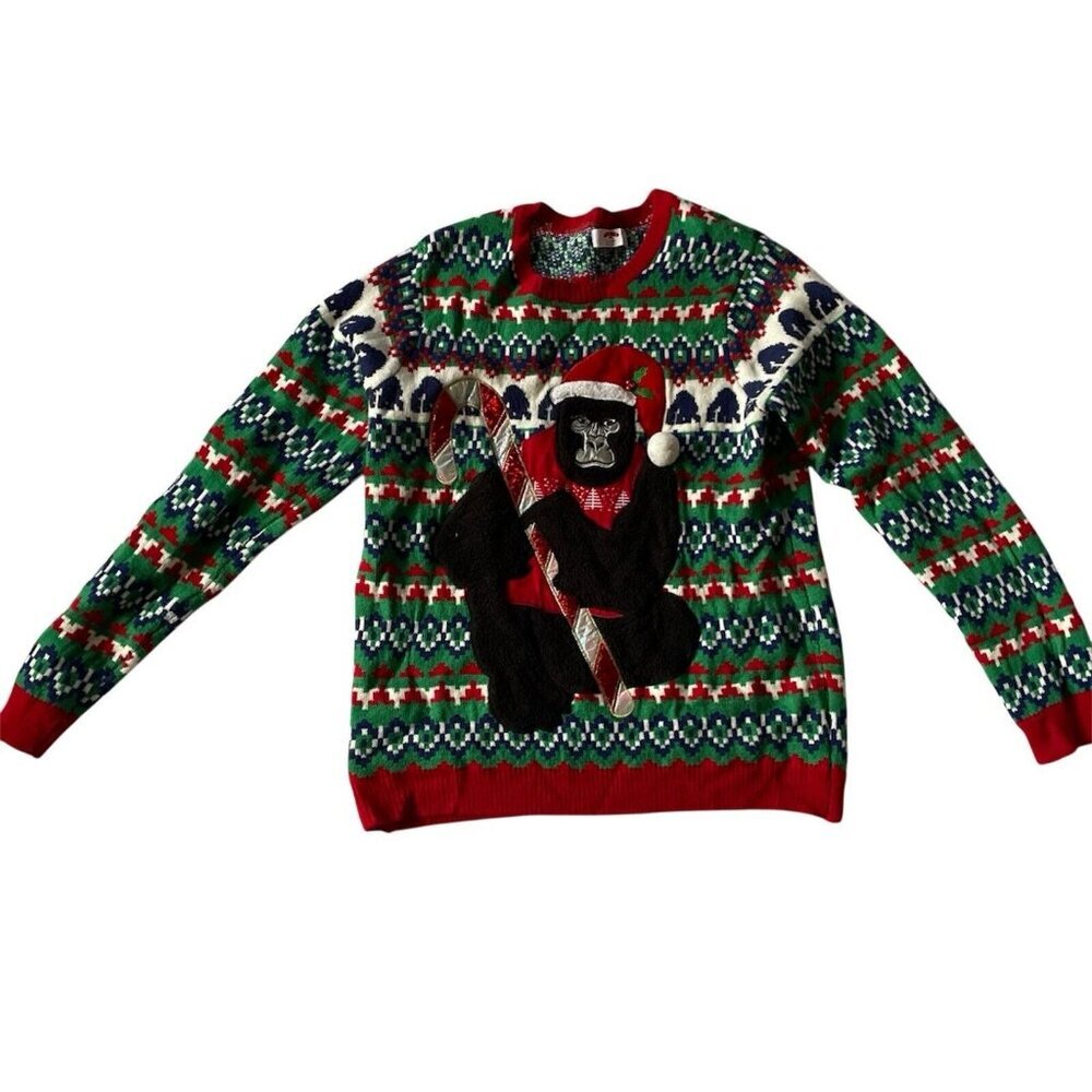 Holiday Time XXL Gorilla Christmas Sweater With Santa Hat & Candy Cane Men's